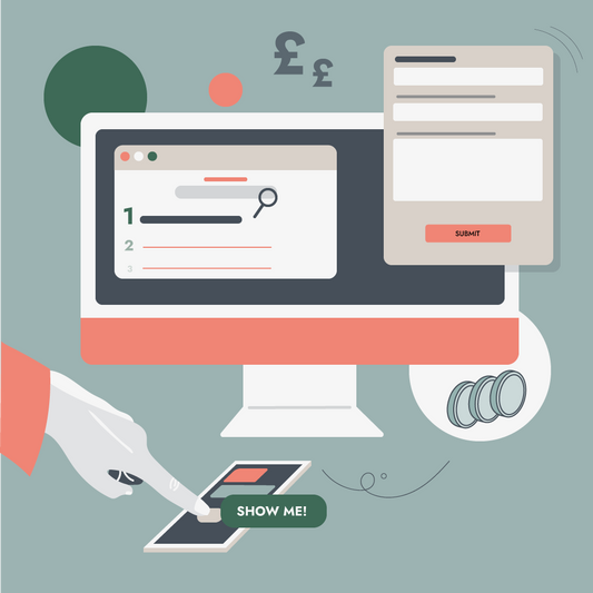 illustration of a laptop with a search engine, a mobile phone with CTAs and a contact form